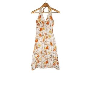 Springtime Song Orange, Green, Yellow and White Floral Print Halter Dress